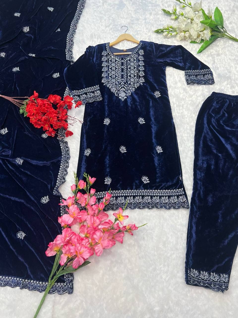 DC G79 Viscose Velvet Embroidery Kurti With Bottom Dupatta Suppliers In India